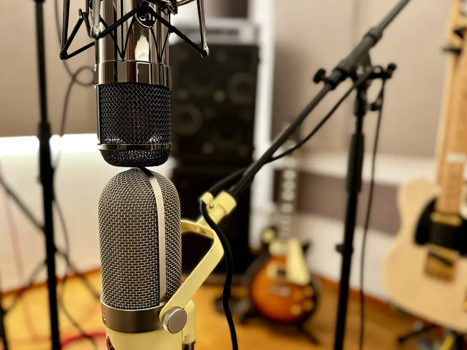 Microphones de studio professionnels montés sur supports, prêts pour prise de voix.